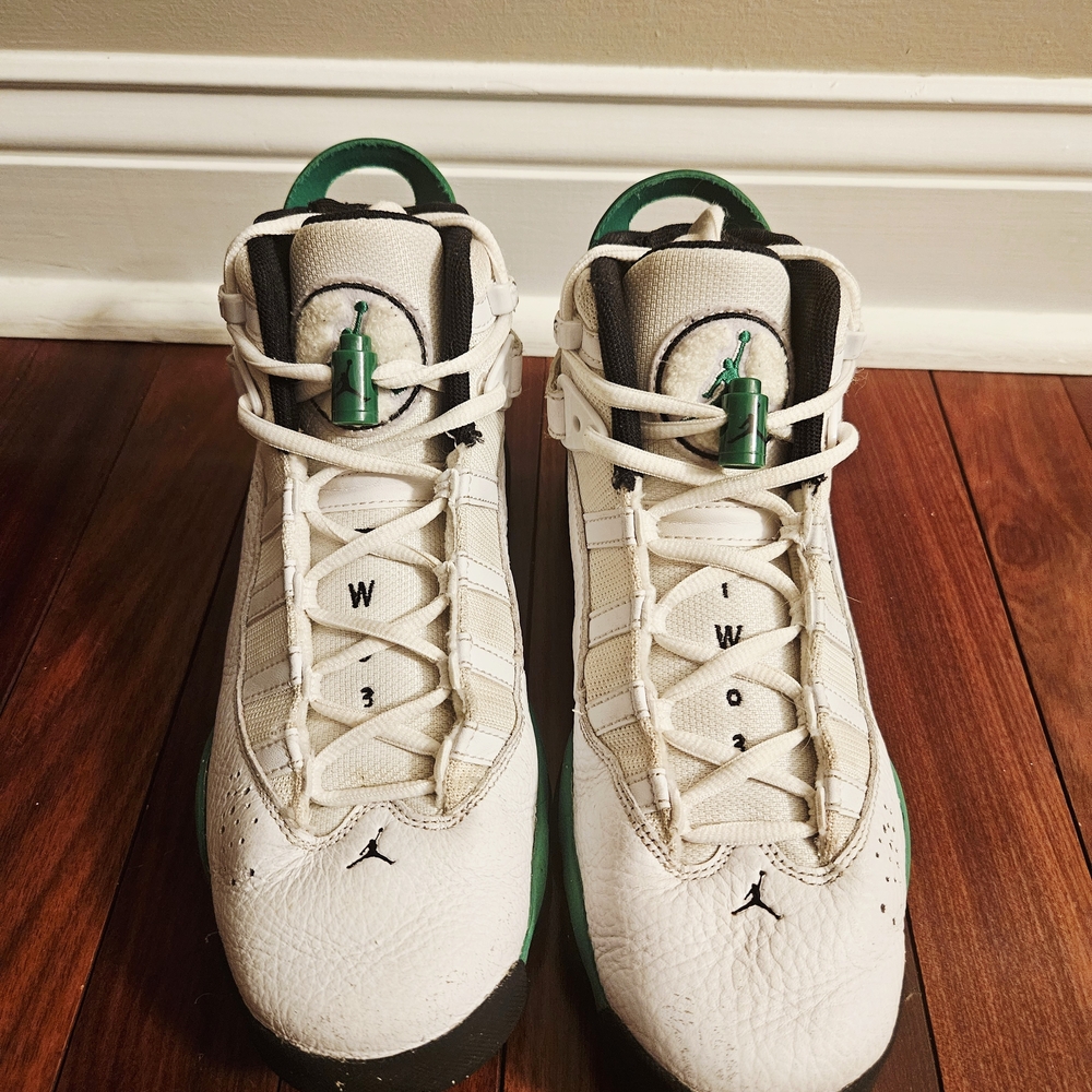 Air Jordan 6 Rings 'Lucky Green' White Sneakers, Size 7Y / 8.5W 323419-131